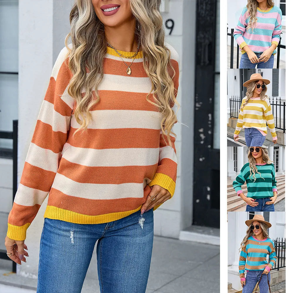 Women's loose fit acrylic sweater in blue colour with round neck and long sleeves