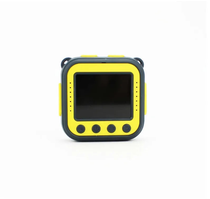 Yellow children's waterproof sports camera showing 1.77-inch screen and compact 60mm size