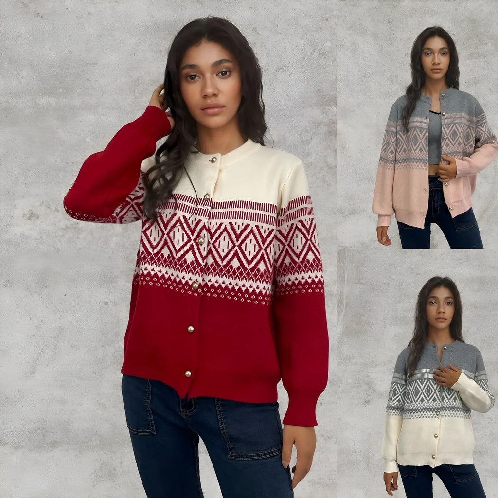Women's grey alpaca wool cardigan with diamond knit pattern and long sleeves