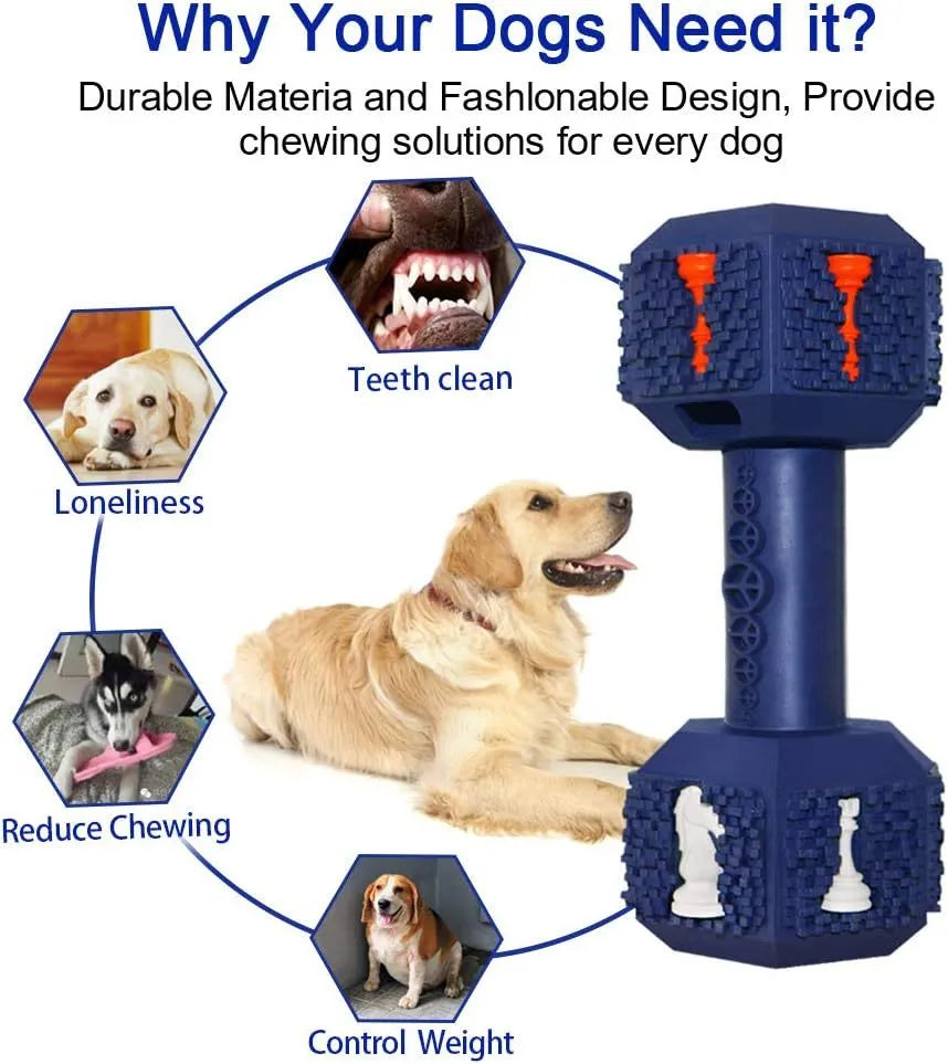 Blue durable rubber dog chew toy shaped like a dumbbell with textured surface.