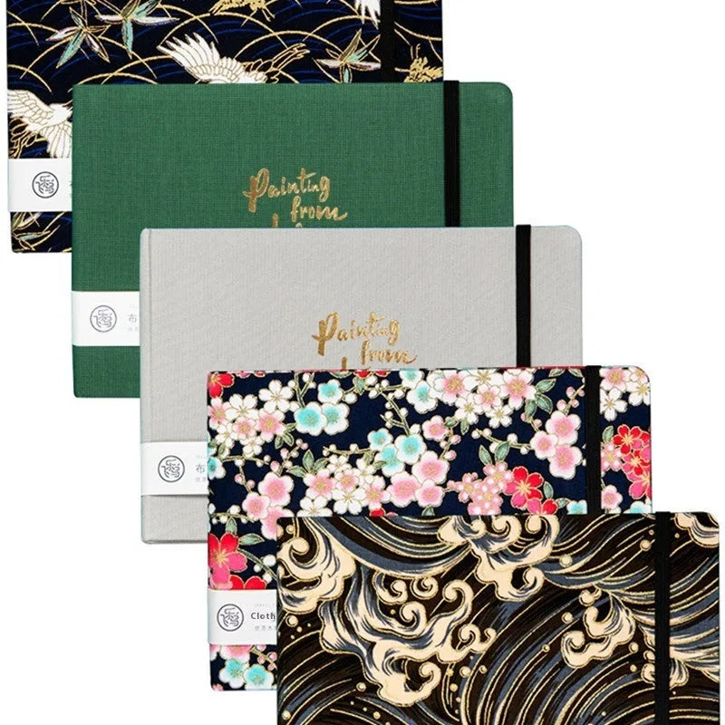Feiluniao fabric hardback watercolour notebook with 185mm length, shown with a cover design option.