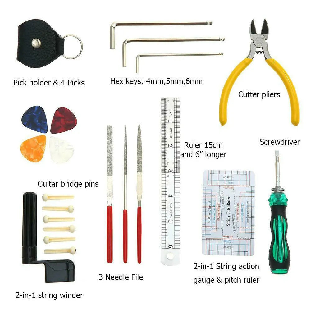Black plastic case open to reveal a guitar and bass repair tool kit with metal tools for mandolin and banjo maintenance.