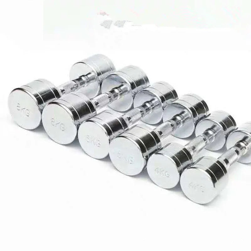 Silver pure steel electroplated dumbbell with ergonomic handle on a neutral background.