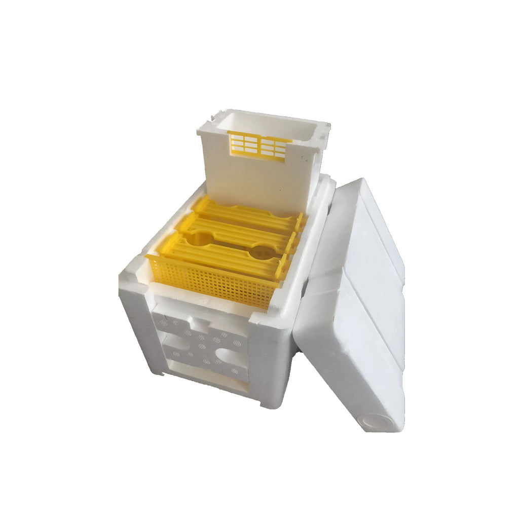 Three white EPS foam mini delivery boxes for bee mating and breeding arranged on a flat surface