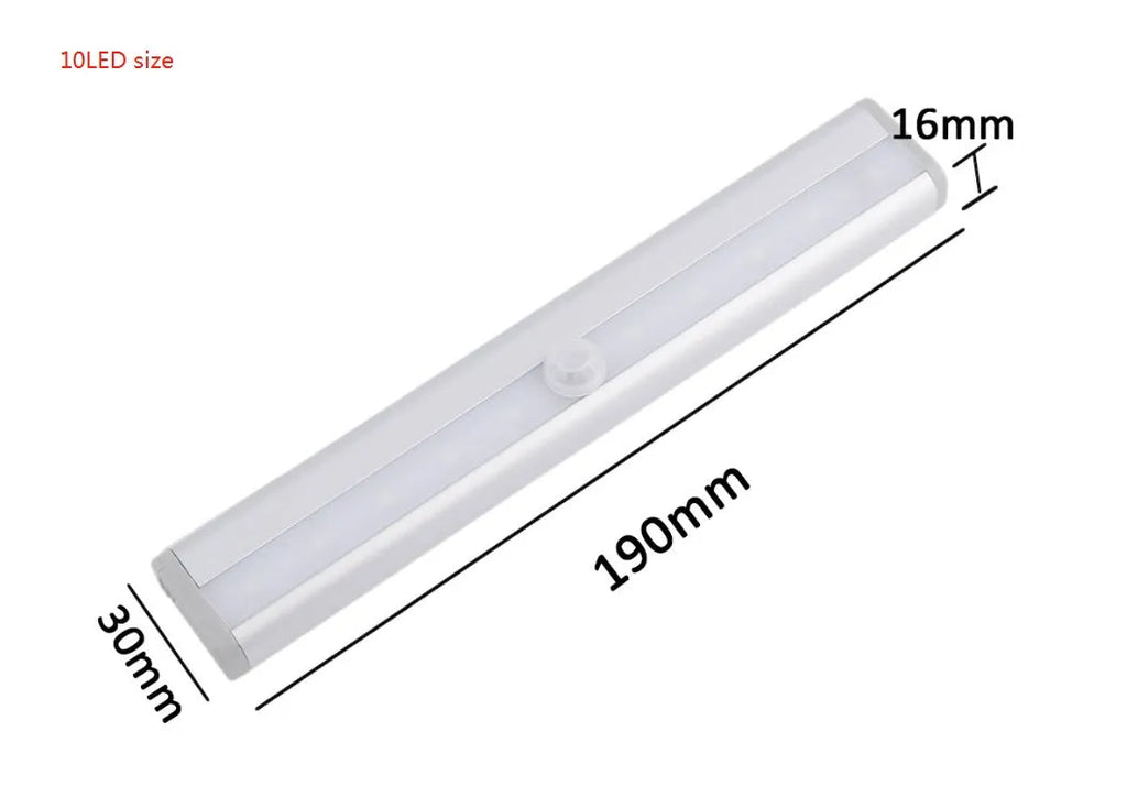 Magnetic LED closet light with motion sensor and aluminium shell shown mounted inside wardrobe