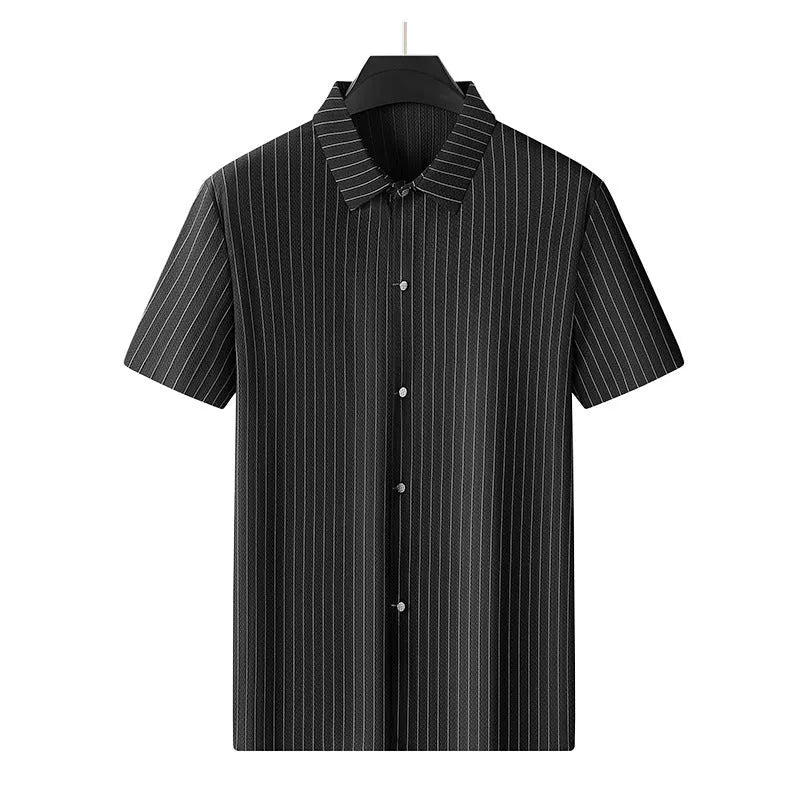 Men's plus-sized striped cardigan shirt in loose fit with square collar design