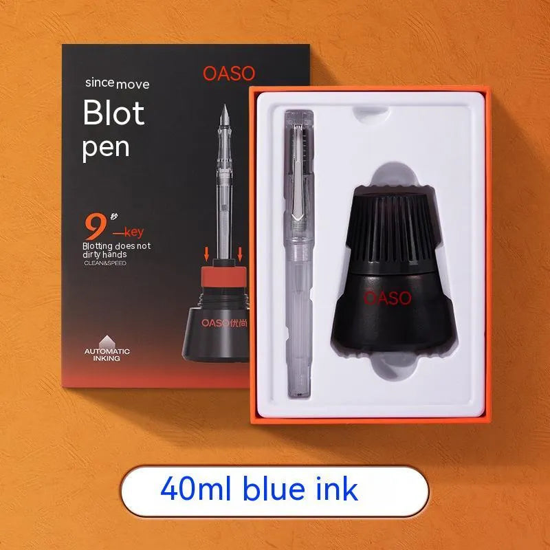 Automatic suction pen set with plastic body, two nib sizes, ink feeder, and handbag for students and office.