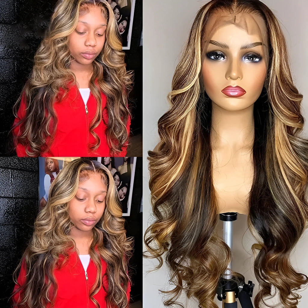 Front lace wig with long curly gradient colour hair and side bangs