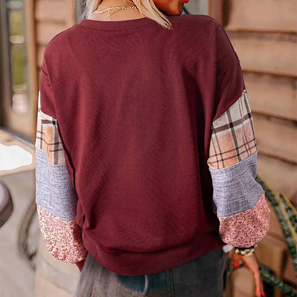Women's loose long-sleeved top with plaid stitching detail in apricot colour