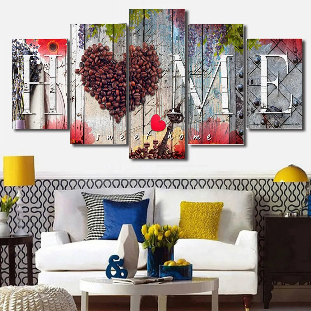 Set of five red oil painting home decoration boards arranged as gallery wall display