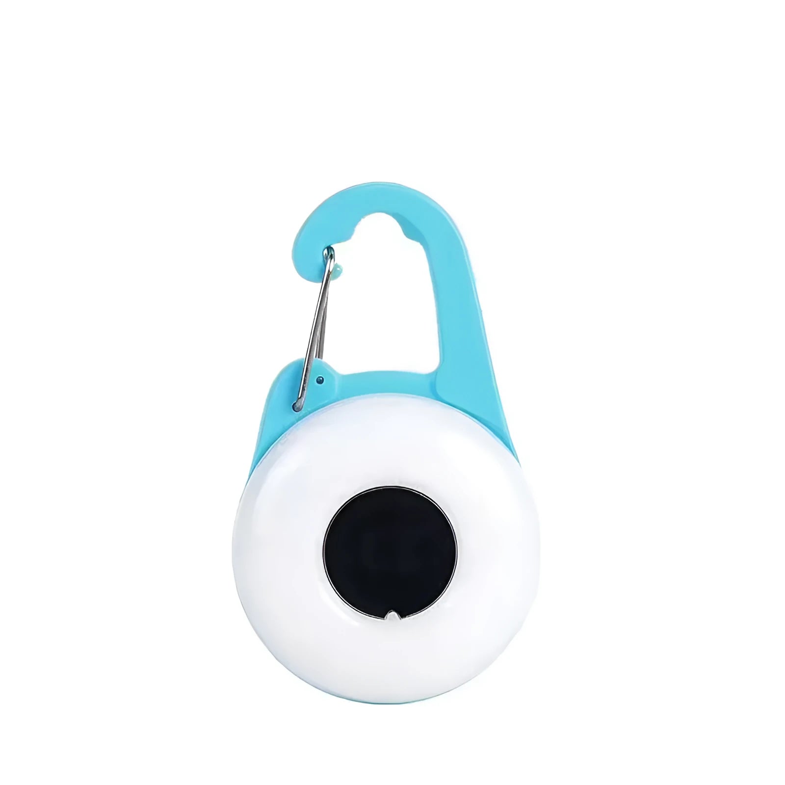 Blue rechargeable LED dog collar light with adjustable silicone strap shown on a dog's collar.