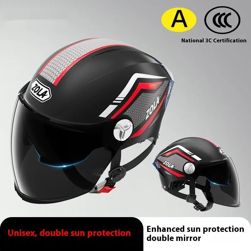 3C certified ABS half motorcycle helmet with double mirror visor in various colours for men women and children