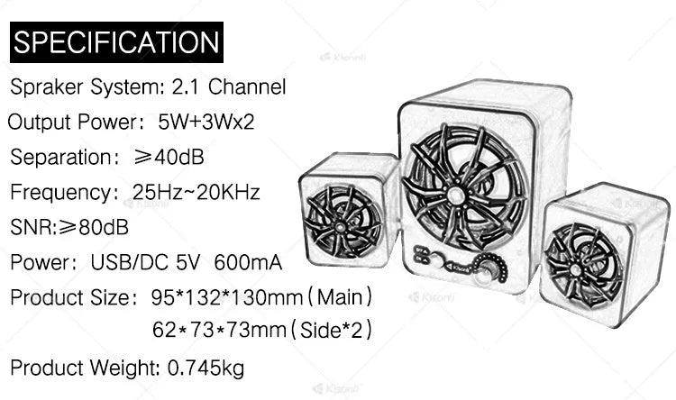 Mini USB computer speaker model U-2600 with glowing green light and 2.1 system design