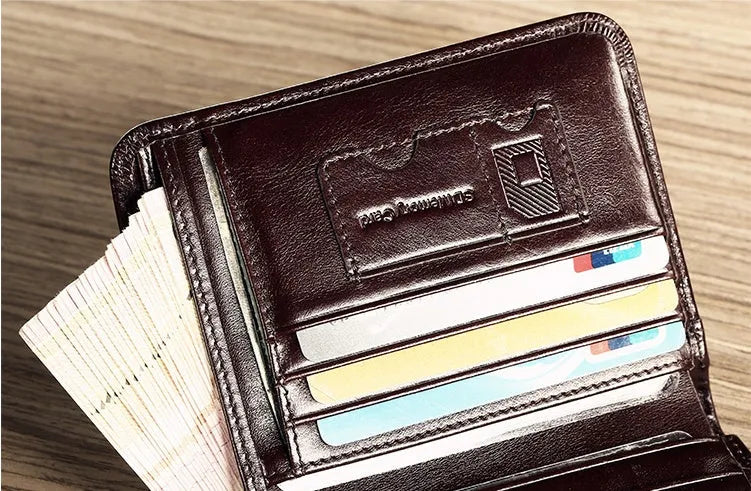 Men's black and coffee brown leather wallet open to show multiple internal card slots, note pocket, and coin compartment.