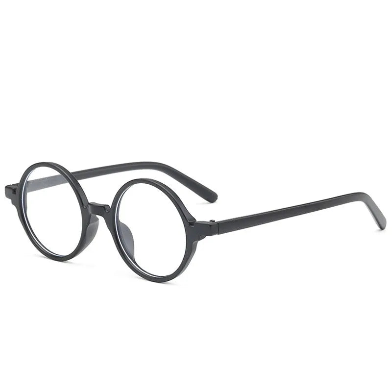 Retro round glasses with no diopters in bright black, sand black, tofu pudding, and transparent grey colours