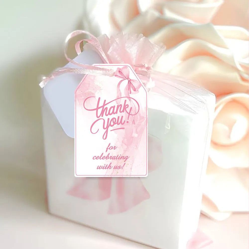 Birthday party gift tags with bowknot designs and natural hemp rope ties