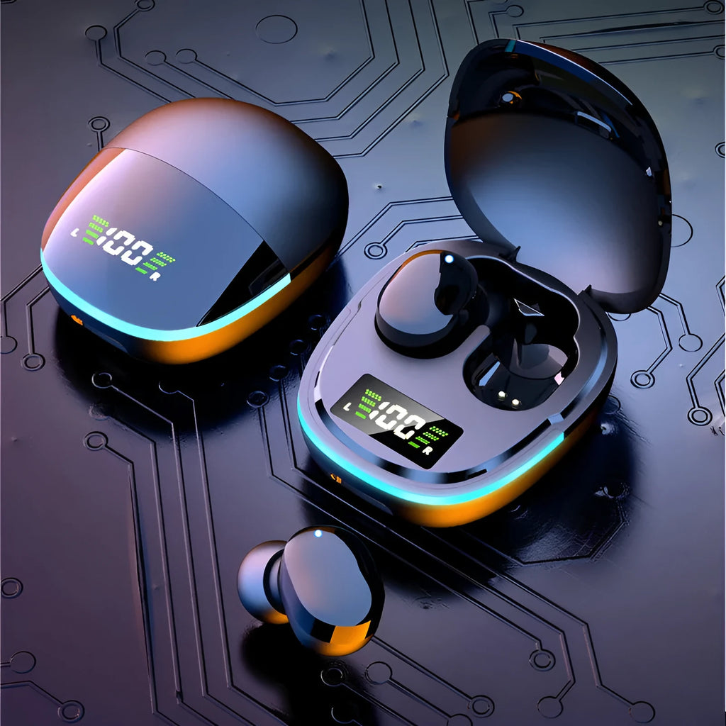 Black true wireless Bluetooth in-ear headphones with charging case and ear caps