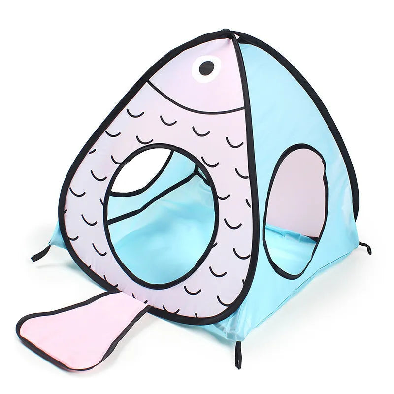 Foldable pet tent cat tunnel play set with cat and fish design motif