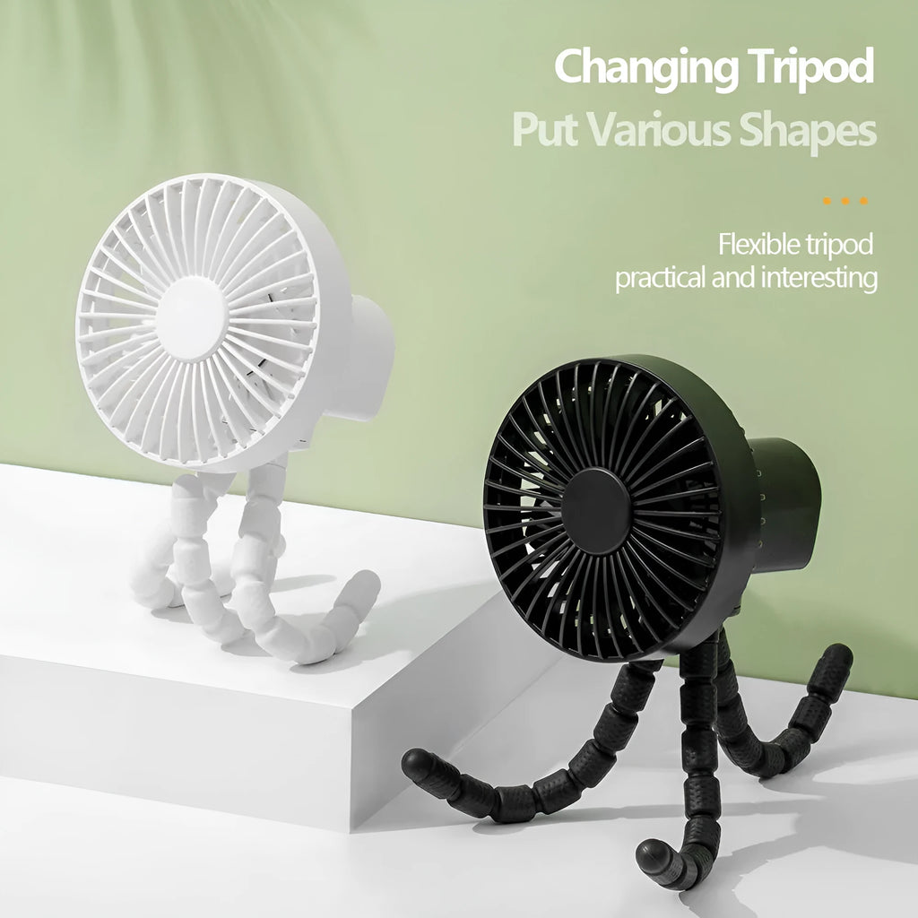 USB rechargeable desk fan with bendable neck on an adjustable octopus tripod stand.