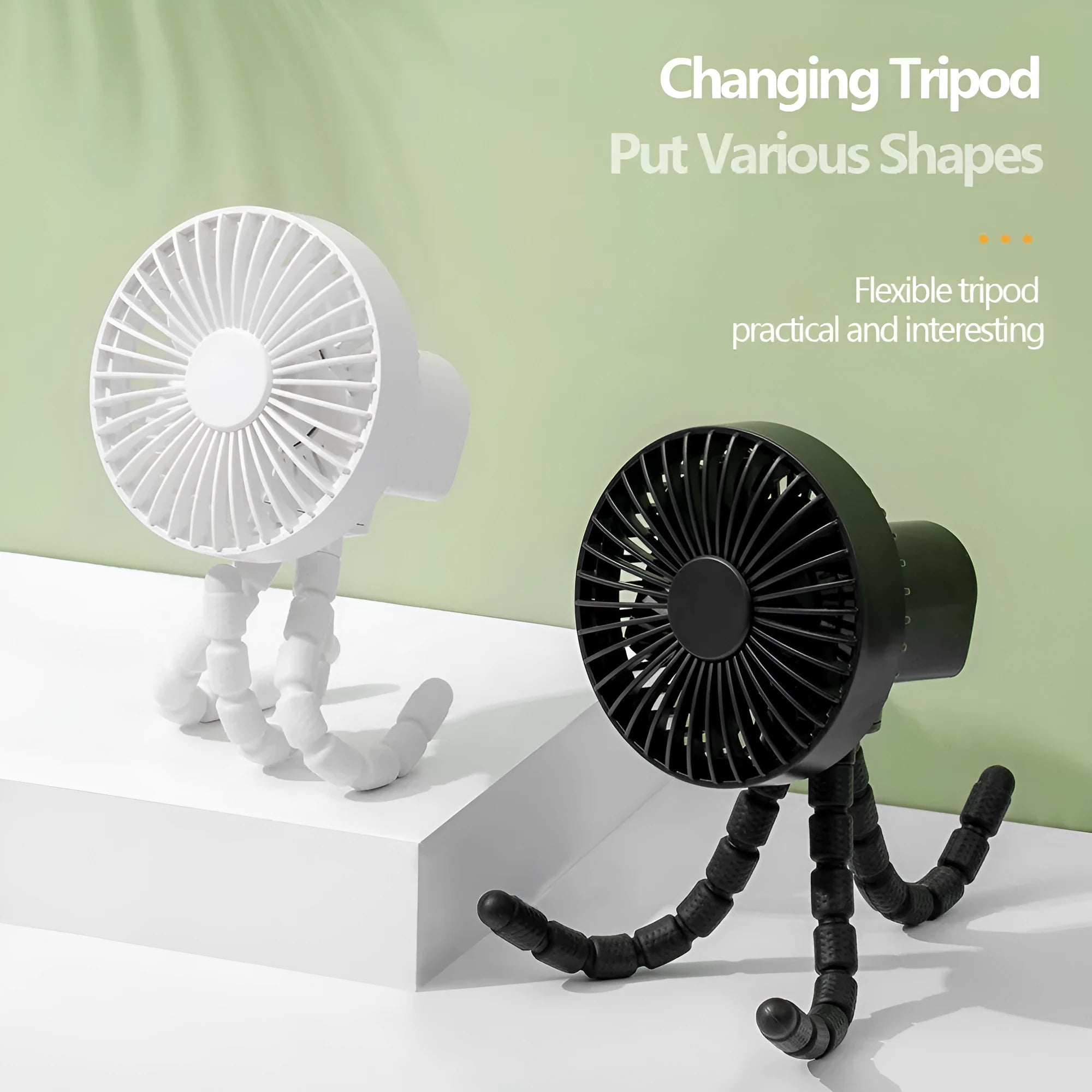 USB rechargeable desk fan with bendable neck on an adjustable octopus tripod stand.