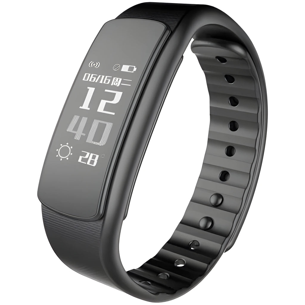 I6 smart sports bracelet in black or green on a wrist, showing its 0.96-inch colour touch screen.