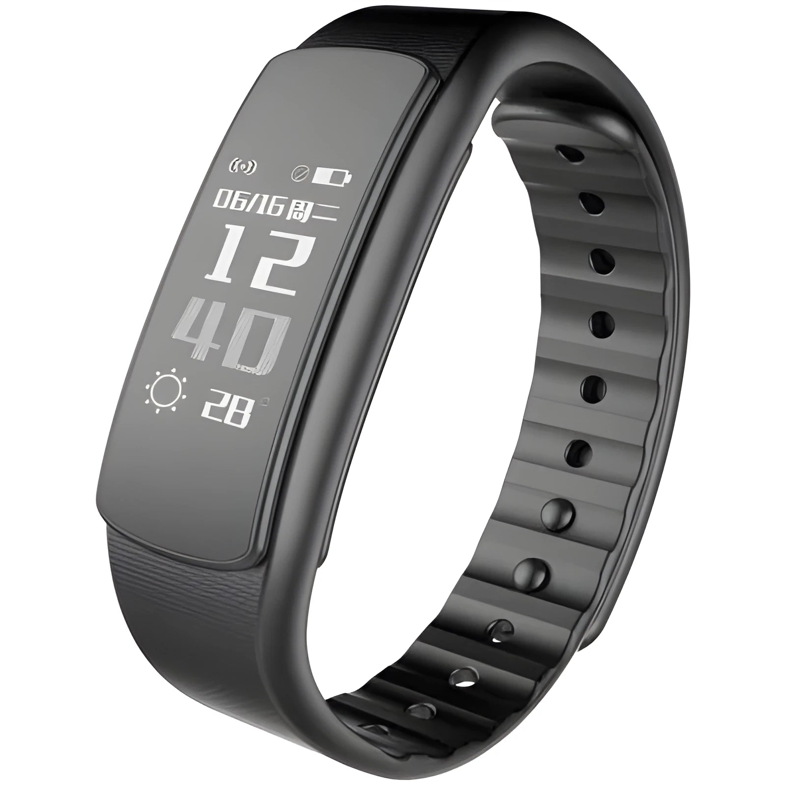 I6 smart sports bracelet in black or green on a wrist, showing its 0.96-inch colour touch screen.