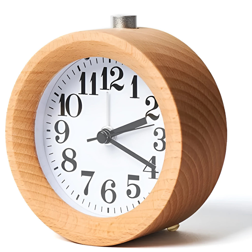 Solid beech wood silent alarm clock with a 9.5cm diameter, showing a PVC dial and wooden case.
