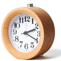 Solid beech wood silent alarm clock with a 9.5cm diameter, showing a PVC dial and wooden case.