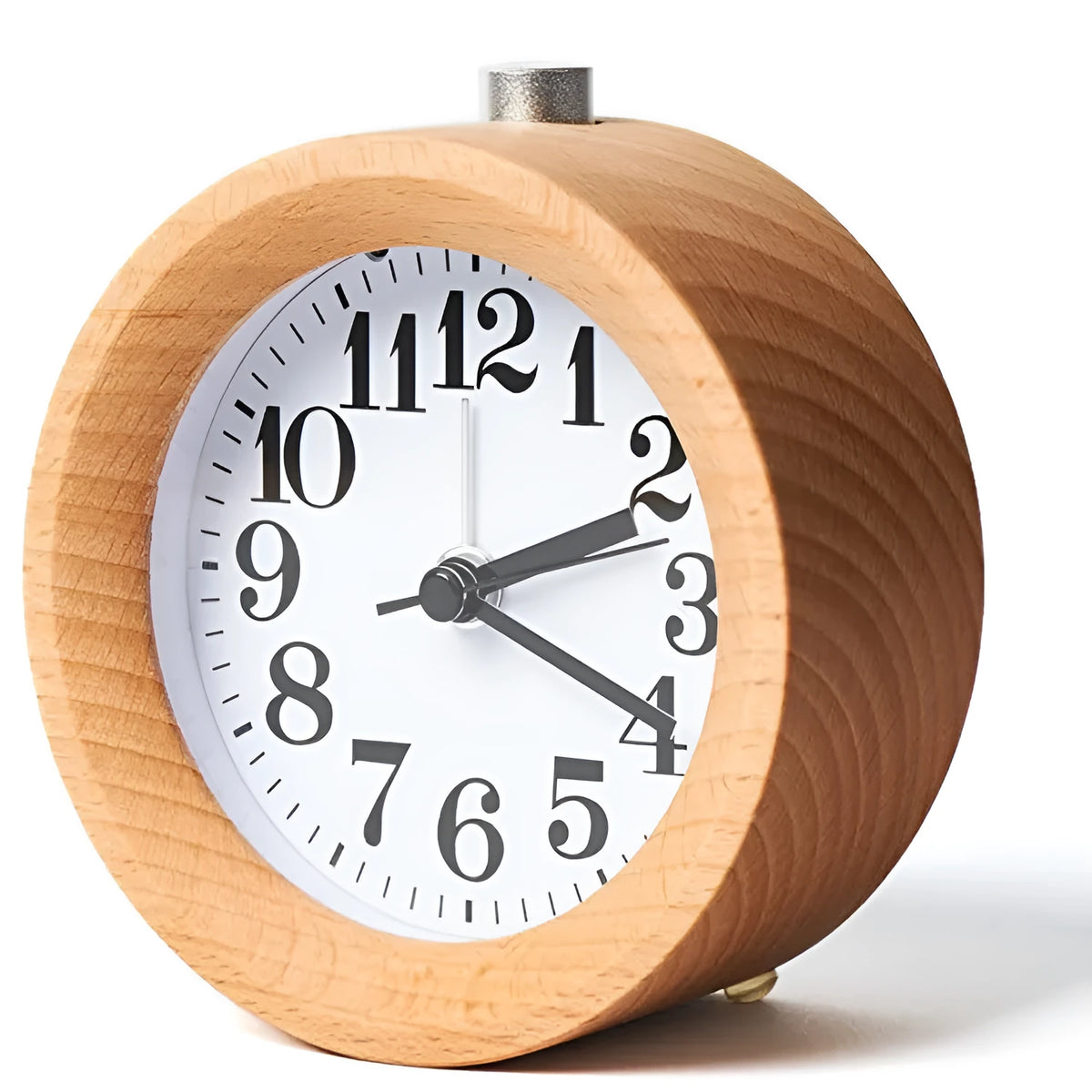 Solid beech wood silent alarm clock with a 9.5cm diameter, showing a PVC dial and wooden case.