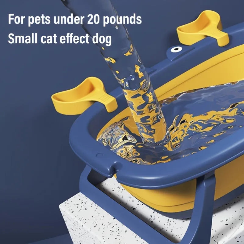 Foldable portable pet bathing tub for small cats and dogs in blue and orange colours.