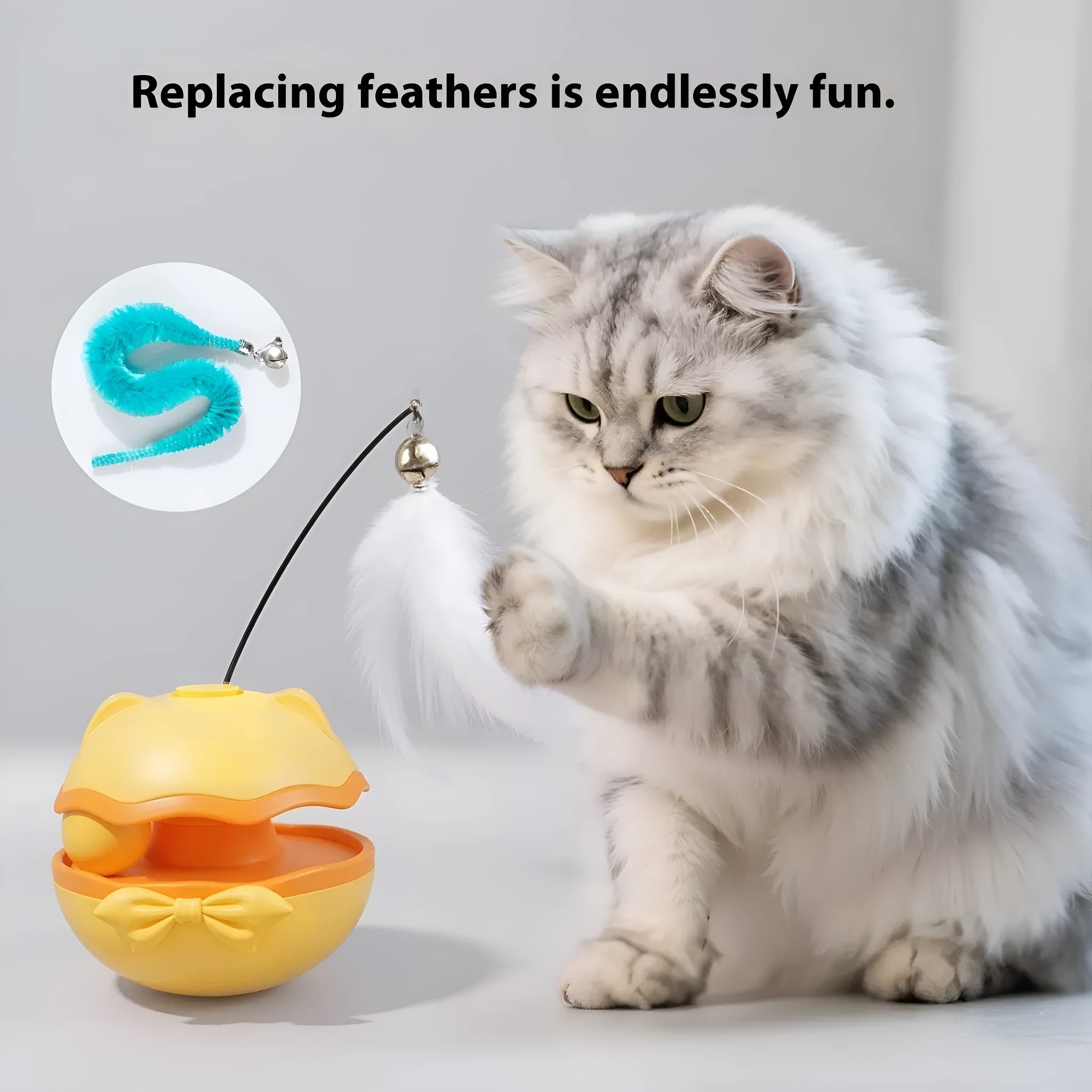 Electric cat teasing stick with LED light in lemon yellow, sky blue, and soft fog grey colour options.