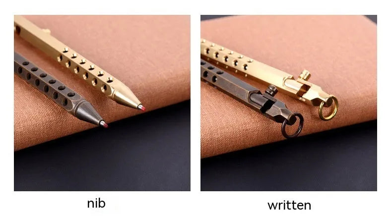 Brass hexagonal bolt roller pen with a 0.5mm tip shown in natural brass and retro black colours.