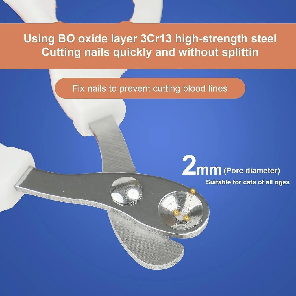 Blue pet nail clippers with a circular safety hole and cushioned non-slip handle.