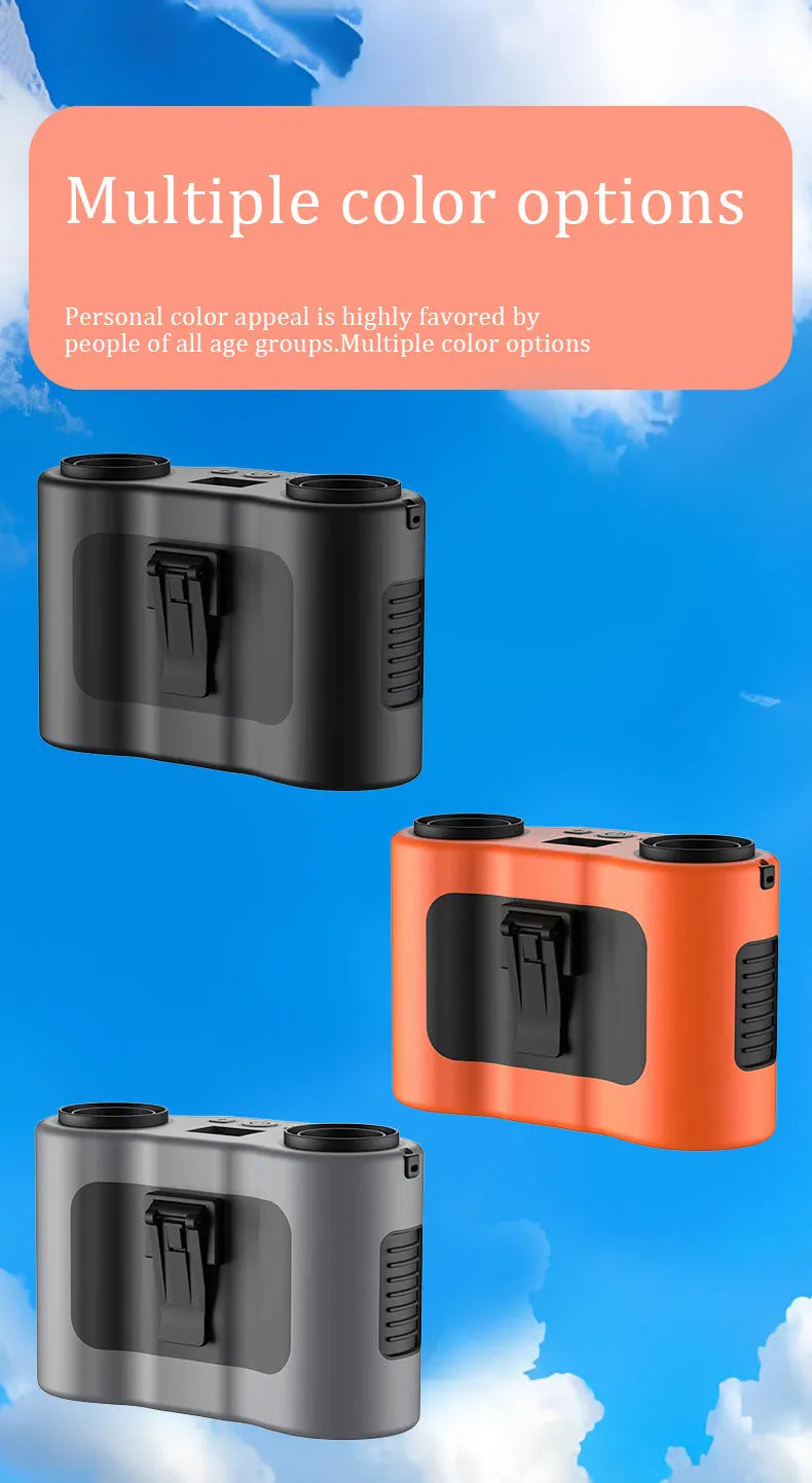 Black portable waist-hung fan with lanyard, showing top control button and air vents.