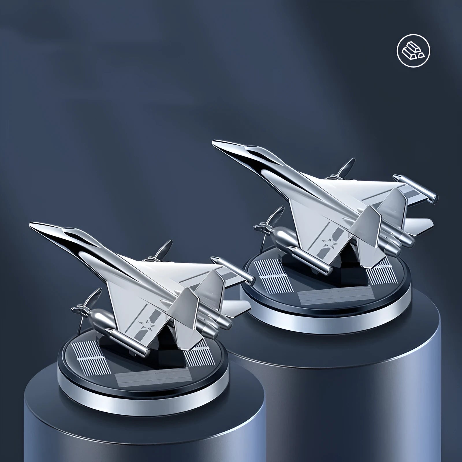 Solar powered silver rotating fighter jet model perfume ornament for car dashboard.