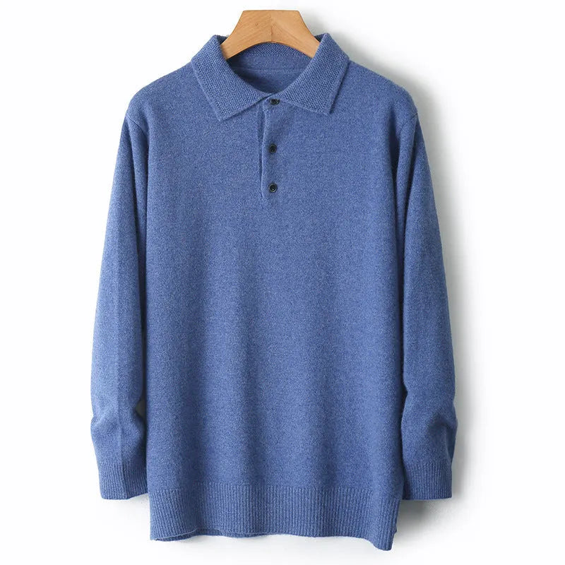 Men's wool polo collar sweater pullover in noble blue colour showing long sleeves and collar detail