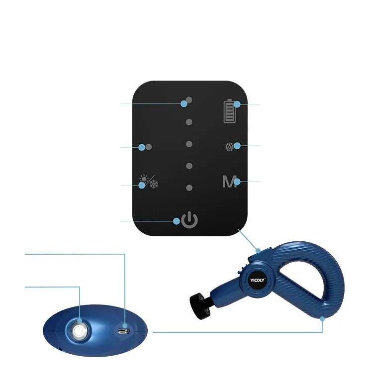 Black smart muscle massage gun with display, attached massage head, and additional heads on a grey background.