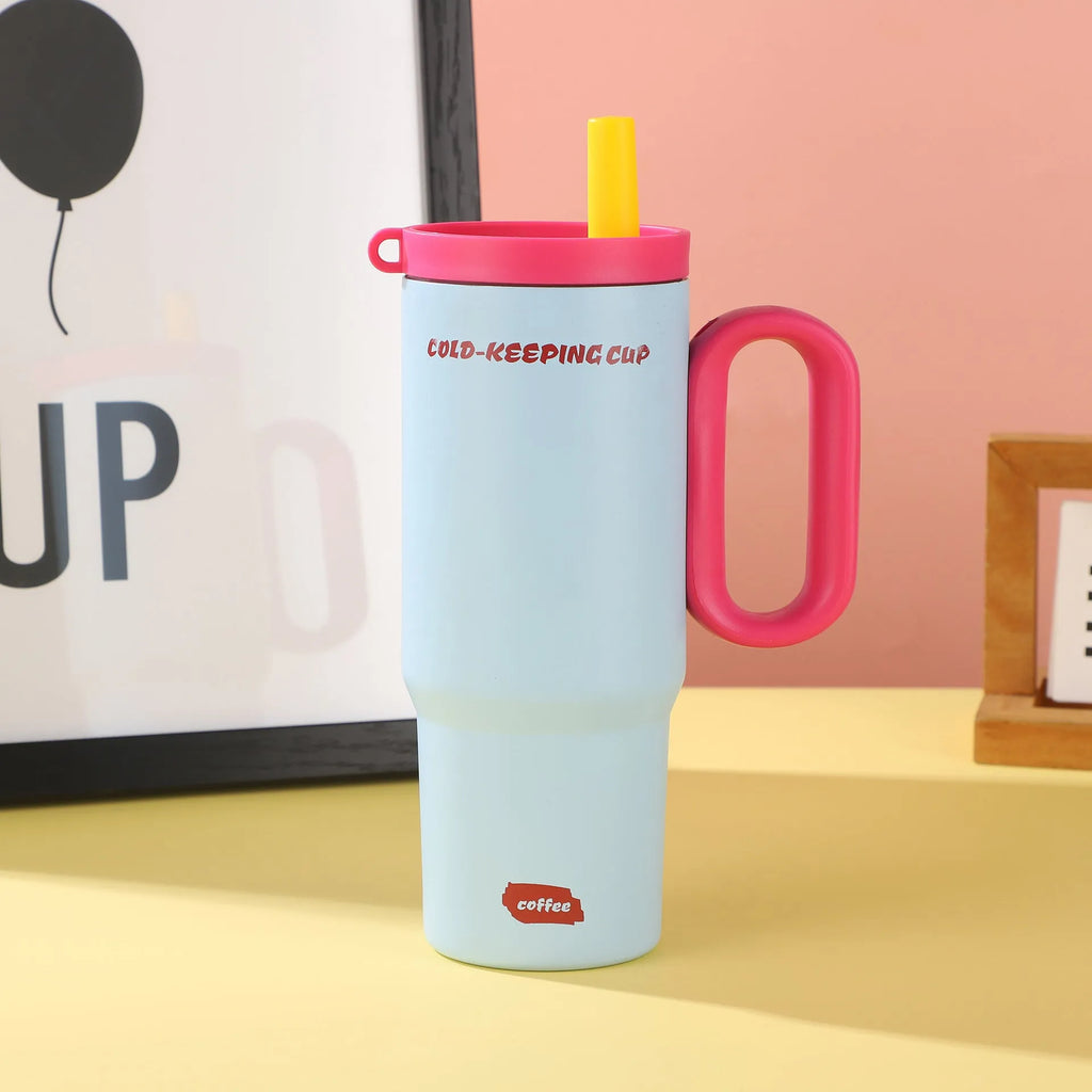 Large portable insulated straw cup with carry handle in choice of colours.