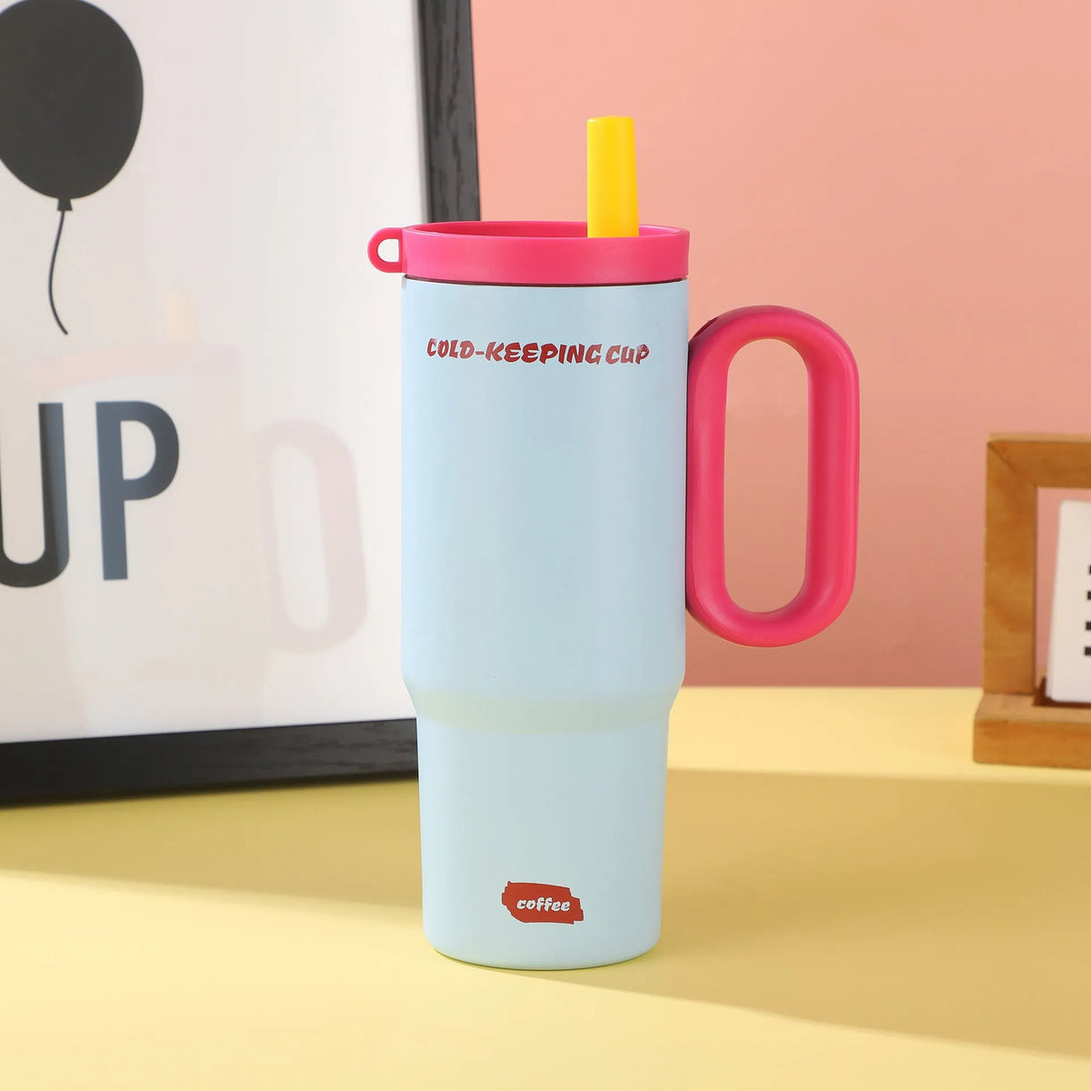 Large portable insulated straw cup with carry handle in choice of colours.