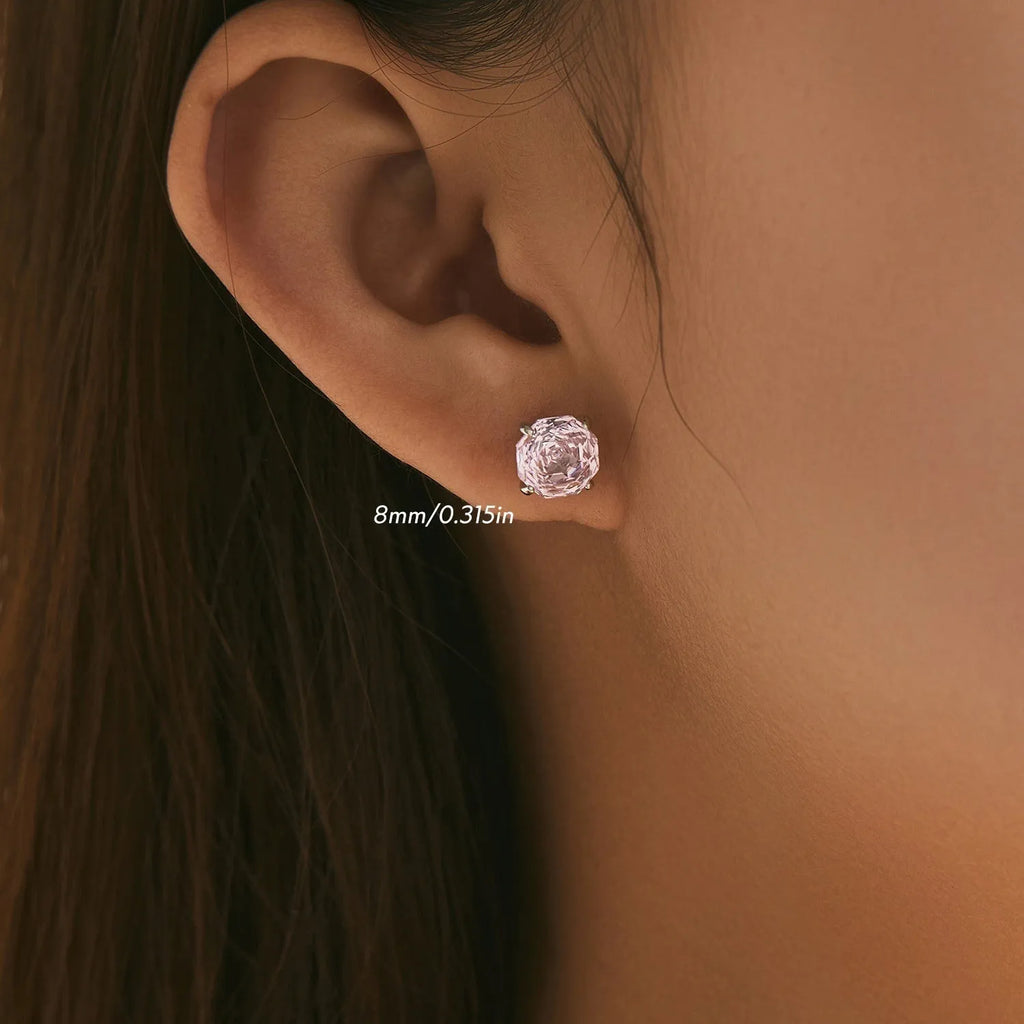 S925 sterling silver rose stud earrings for women in pink with 6mm and 8mm size options