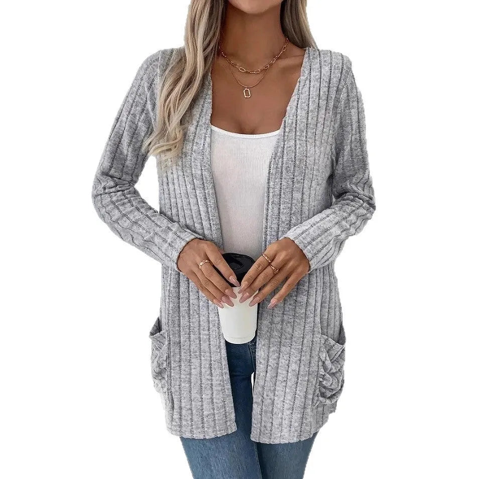 Solid colour long sleeve cardigan in loose fit design available in black and granny grey colours