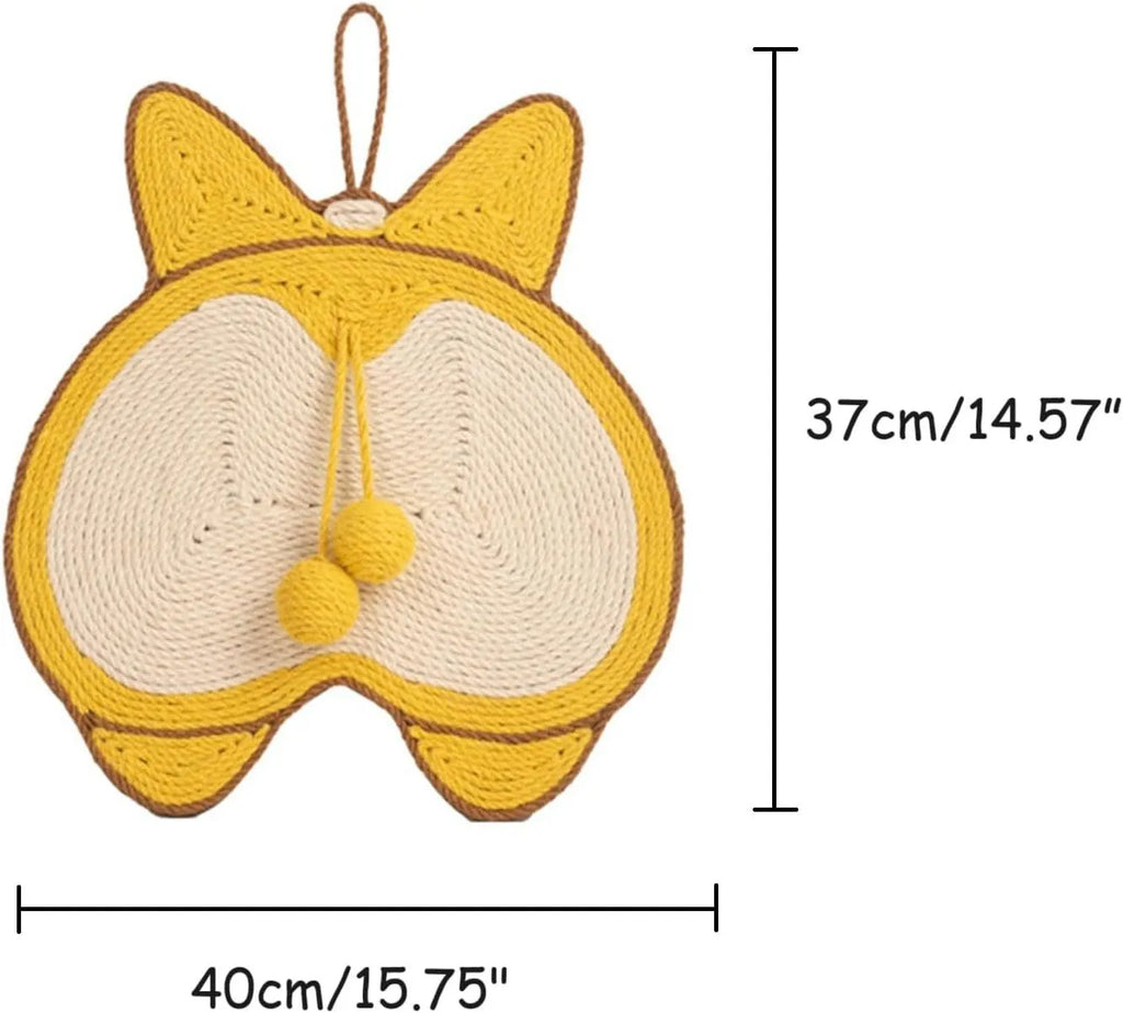 Yellow corgi-themed cat scratching board with sisal surface and anti-slip base measuring 37 by 40 centimetres