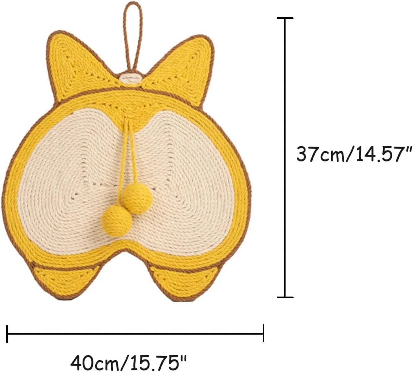 Yellow corgi-themed cat scratching board with sisal surface and anti-slip base measuring 37 by 40 centimetres