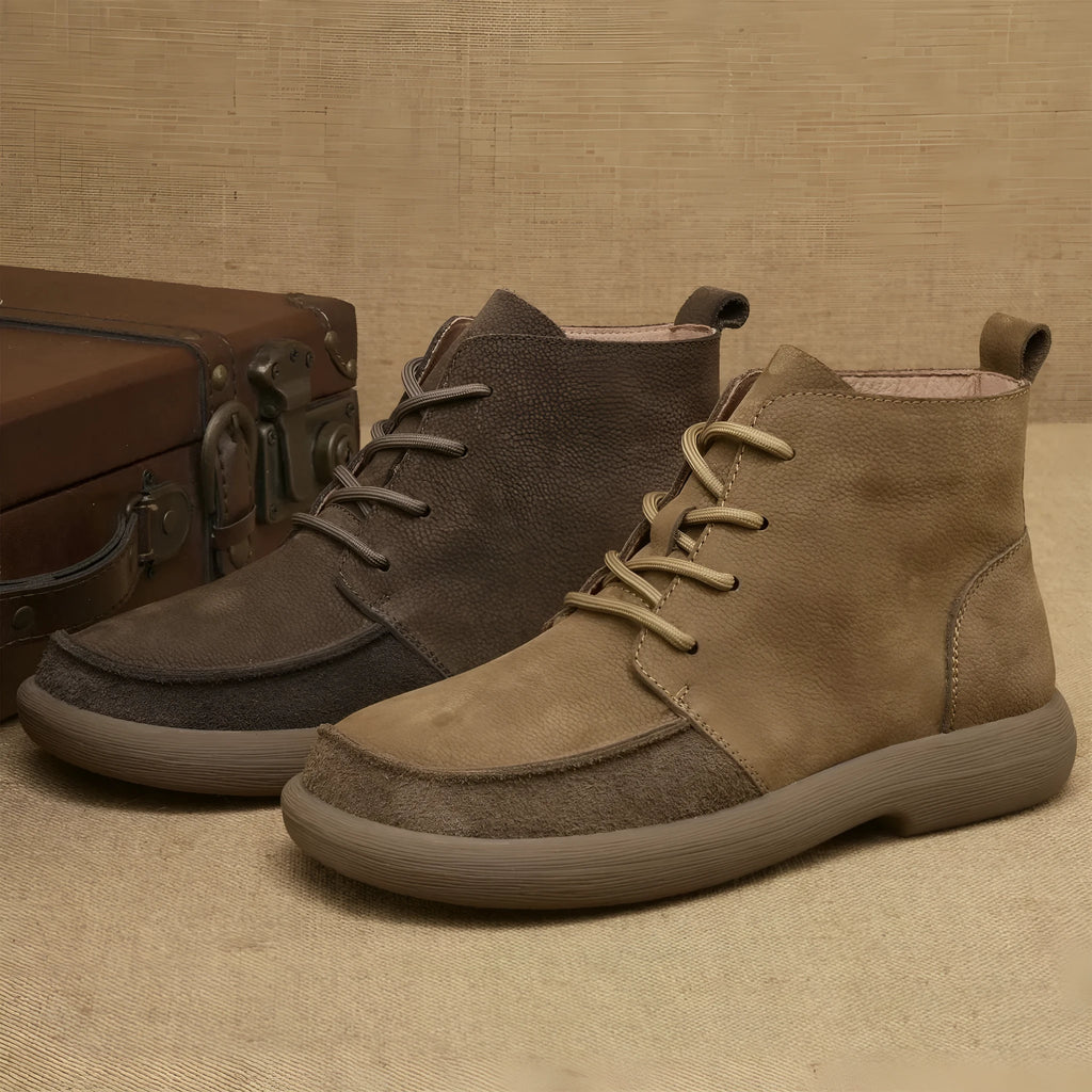 Grey retro Martin boots with genuine leather upper, wedge heel, and front lace-up design.