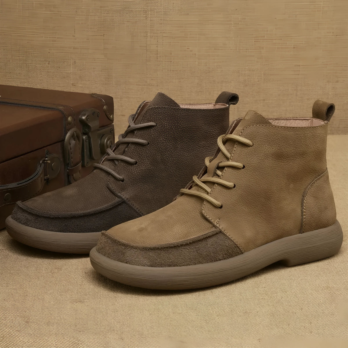 Grey retro Martin boots with genuine leather upper, wedge heel, and front lace-up design.