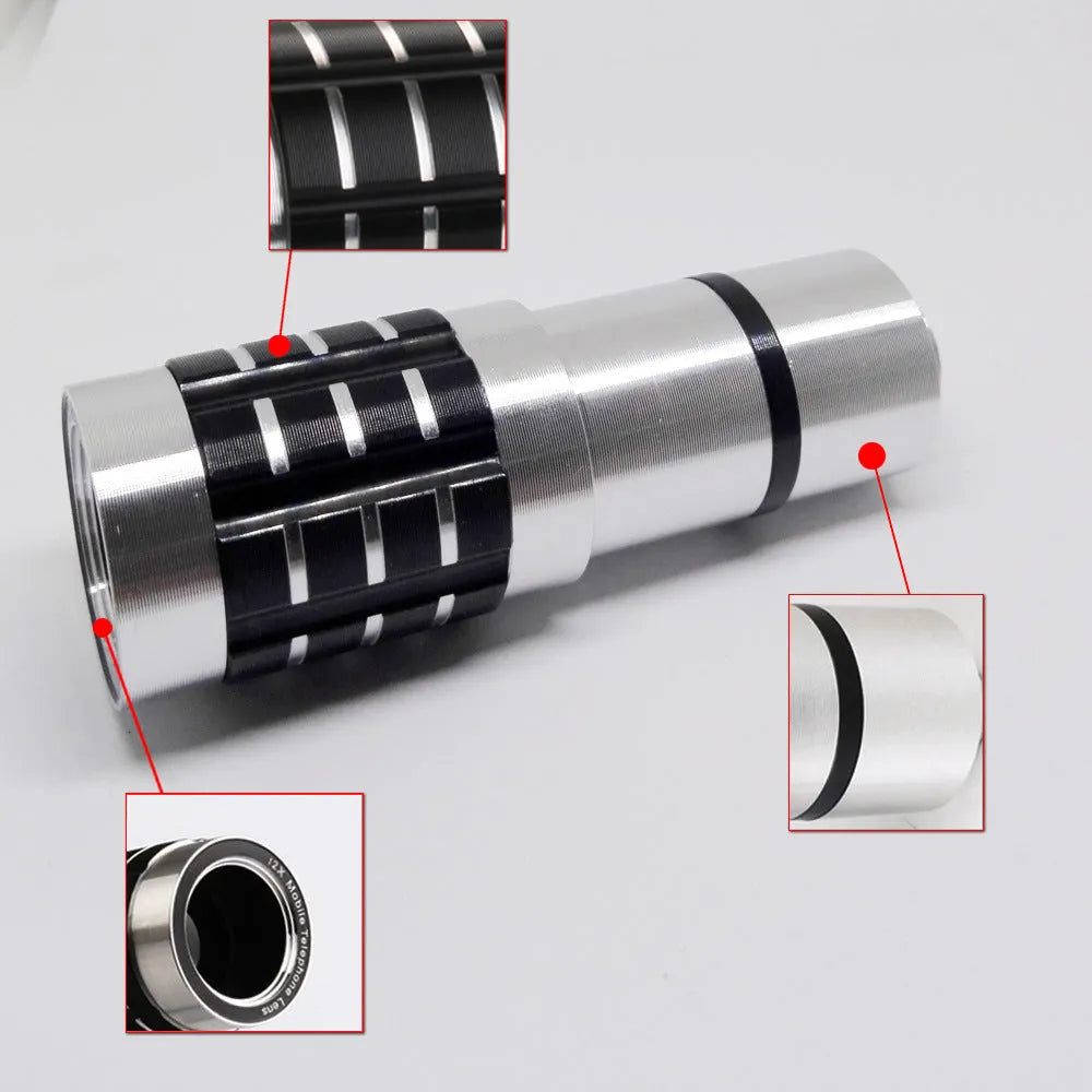 A long black telescopic lens with a universal collar clip for attaching to mobile phones.