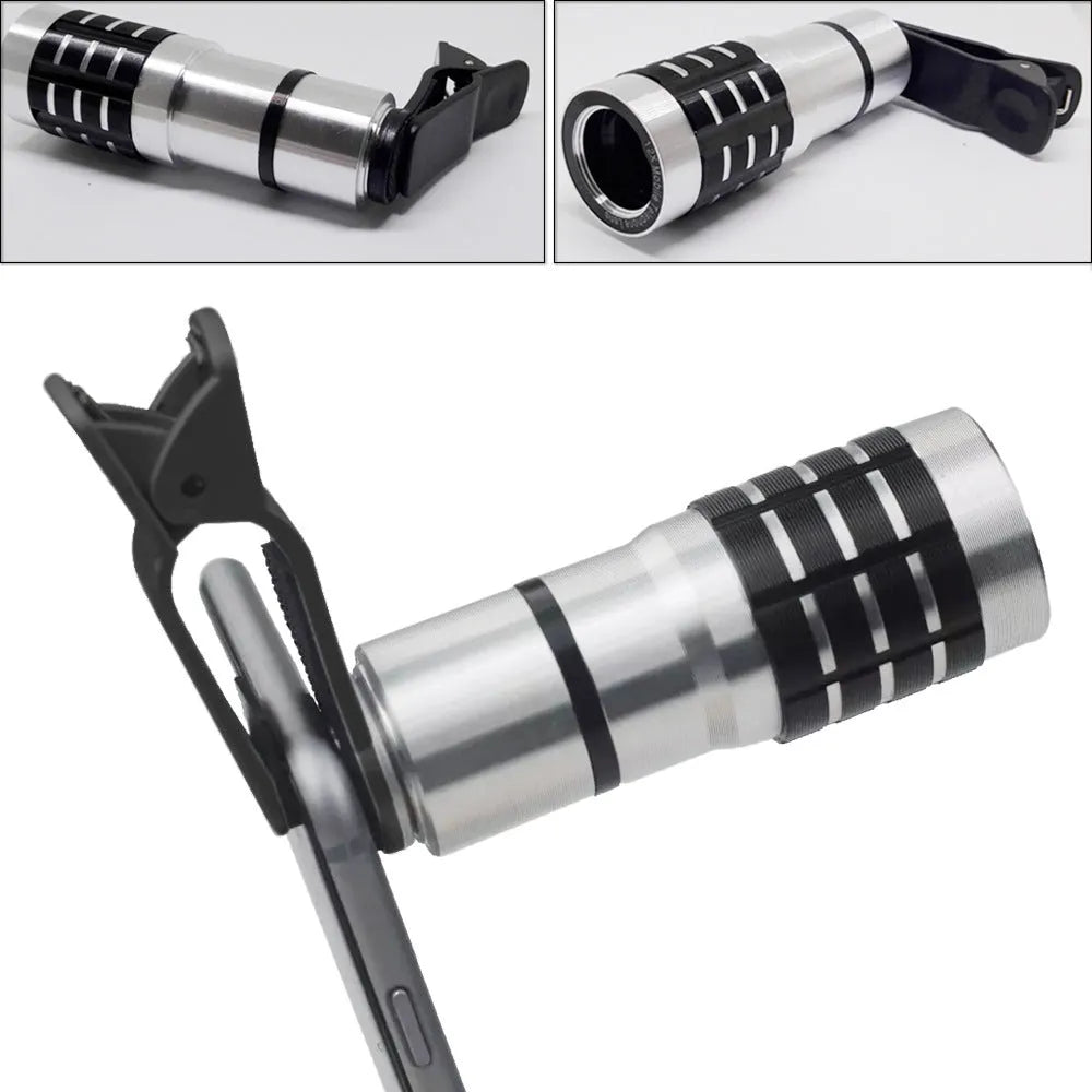 A long black telescopic lens with a universal collar clip for attaching to mobile phones.
