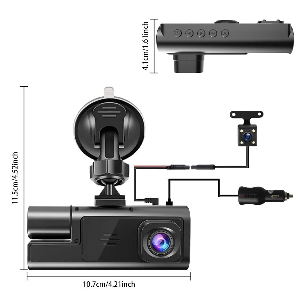WiFi-enabled car dash cam on windscreen with 2-inch screen and data cable