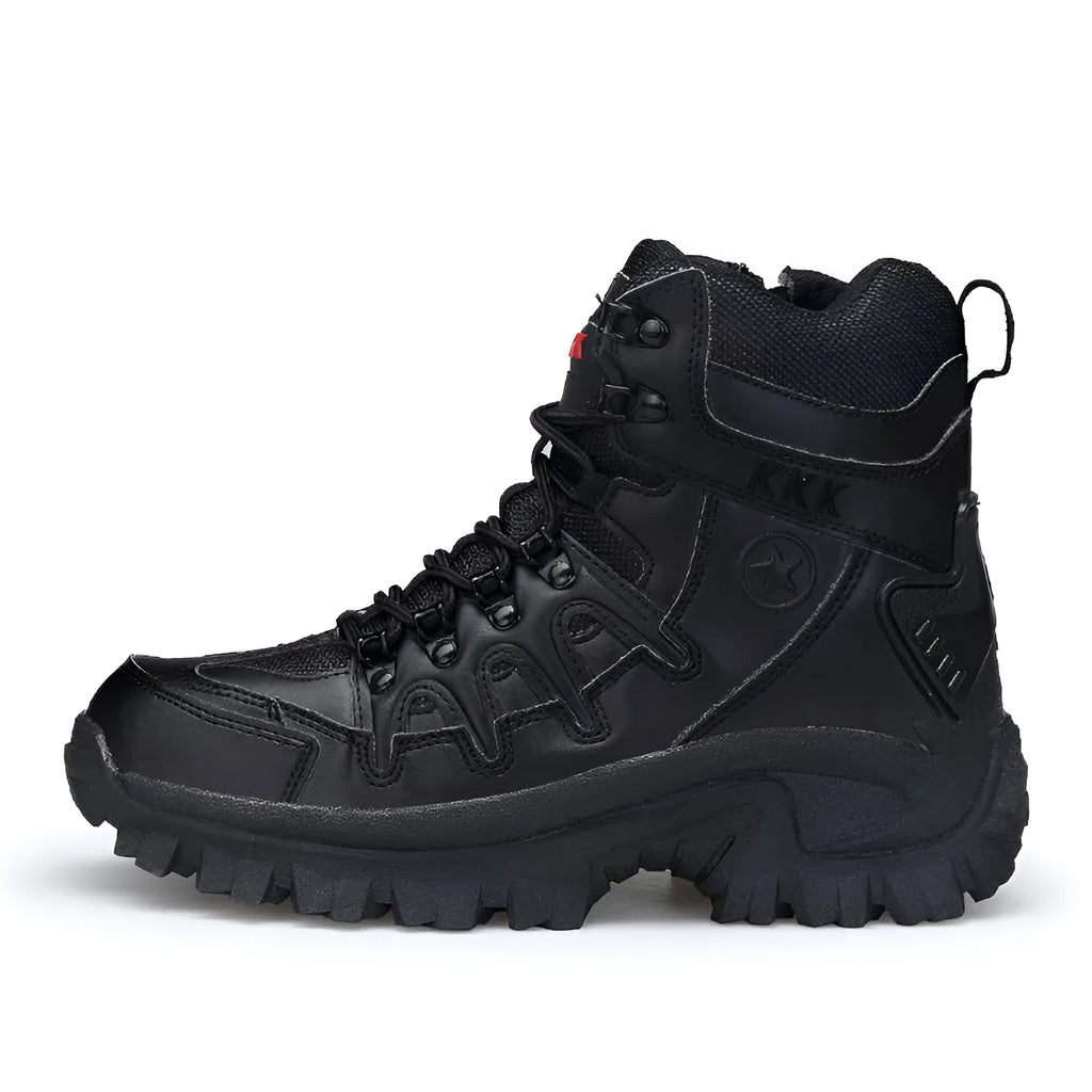 Men's black US Army Delta Tactical Boots with rubber sole shown on a rocky outdoor path.