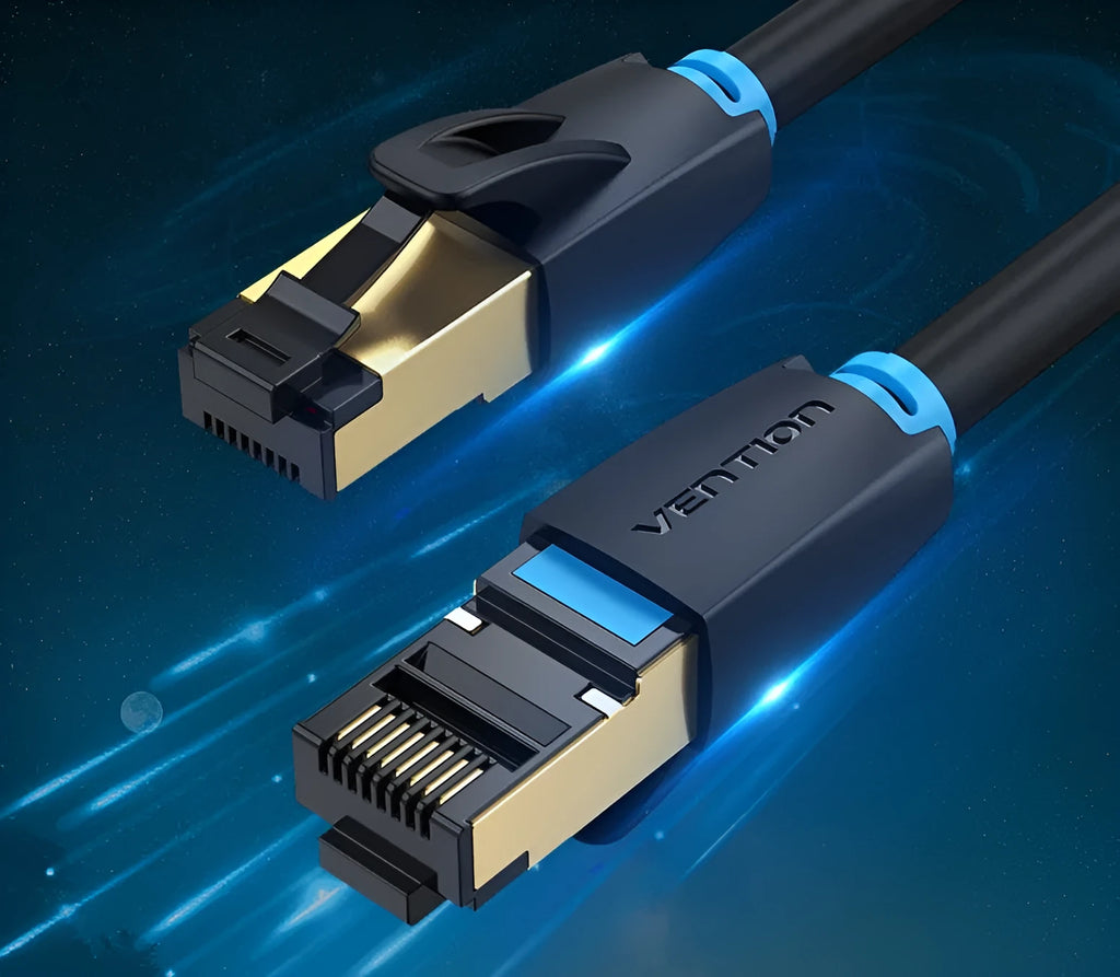 CAT8 shielded Ethernet cable with RJ45 connectors, shown in flat and round styles on a desktop.